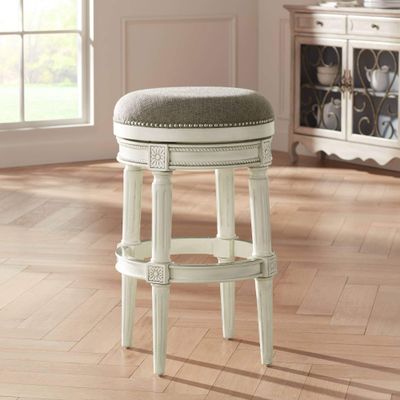 55 Downing Street Oliver Wood Swivel Bar Stool White 30 3/4" High Farmhouse Rustic Traditional Cobblestone Gray Upholstered Round Cushion with Footrest for Cottage Core Kitchen Counter Height Island