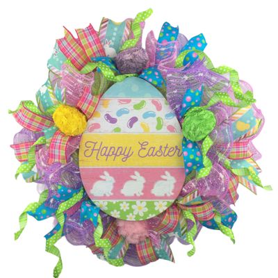 18x18x6 Easter Wreath with 4 Hand Made Fabric Floral Eggs, Made with Green, Pink & Purple weather Resistant Mesh