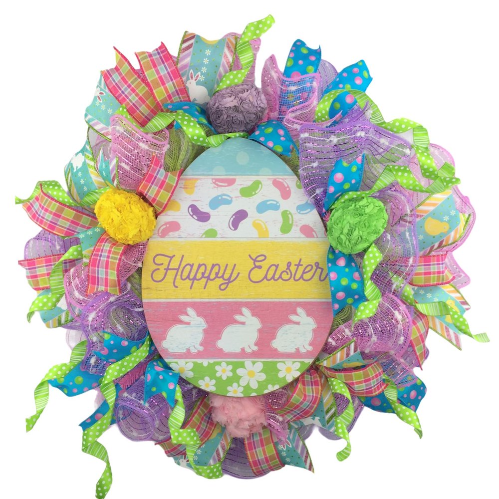 18x18x6 Easter Wreath with 4 Hand Made Fabric Floral Eggs, Made with Green, Pink & Purple weather Resistant Mesh