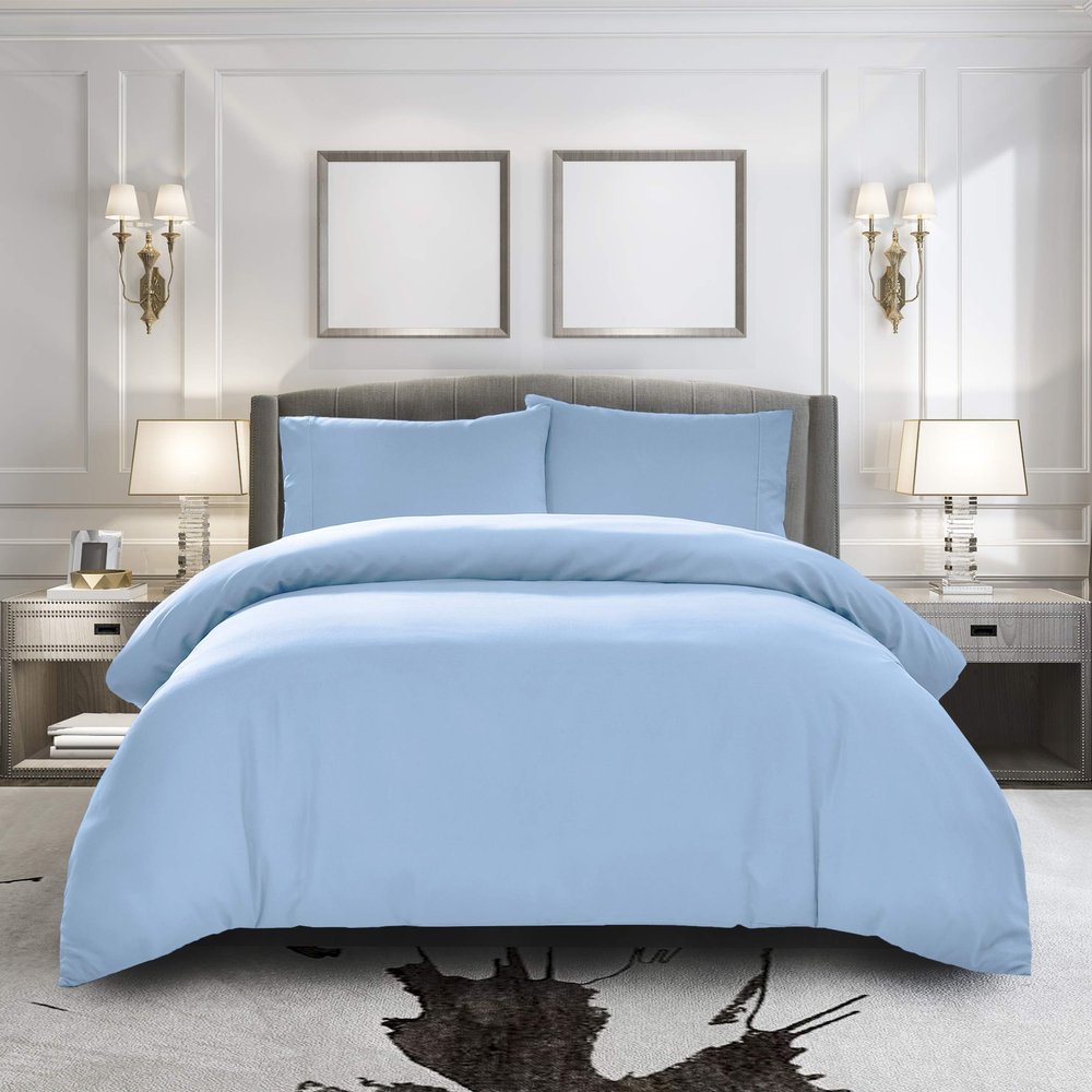 Duvet Cover King Size Set Sky Blue With Button Closure, Ultra Soft Silky Satin 4 Pieces Washed Comforter Cover Sets (1 Duvet Cover + 1 Fitted Sheet 15" Deep + 2 Pillow Shams) Duvet Set