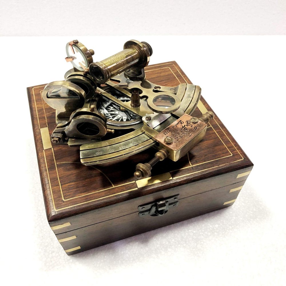 Antique Maritime Nautical Compass Sextant Vintage Marine Astrolabe Ship's Instruments with Wooden Box