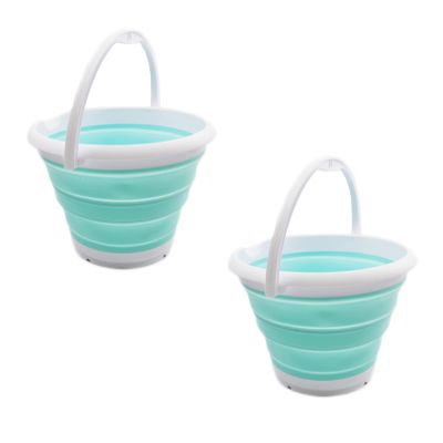 SAMMART Set of 2-10L (2.64Gallon) Collapsible Fishing Bucket - Foldable Round Tub - Portable Plastic Water Pail - Space Saving Outdoor Waterpot - Trunk Organizer (2, White/Lake Green)