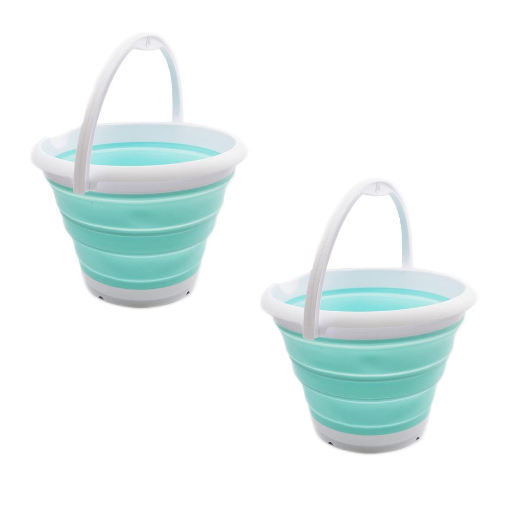 SAMMART Set of 2-10L (2.64Gallon) Collapsible Fishing Bucket - Foldable Round Tub - Portable Plastic Water Pail - Space Saving Outdoor Waterpot - Trunk Organizer (2, White/Lake Green)