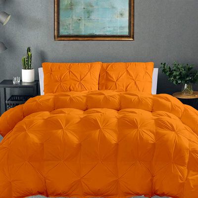 100% Organic Cotton Pinch Pleated Comforter with 2 Pillow,500 GSM Ultra-Soft Goose Down with 4 Corner Tabs Beautiful Pinch Pleat Baffle Box Design,Light Weight Comforter(Twin/TwinXL -Orange)