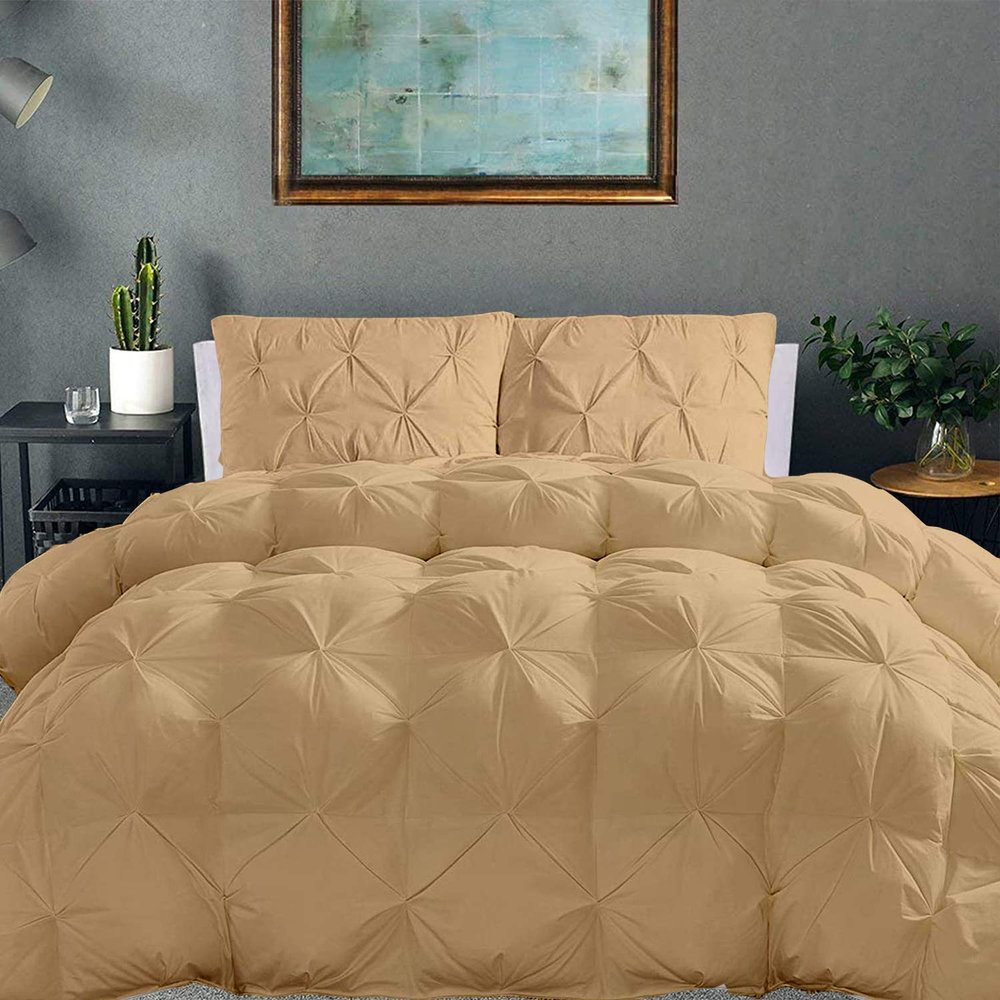 100% Organic Cotton Pinch Pleated Comforter with 2 Pillow,500 GSM Ultra-Soft Goose Down with 4 Corner Tabs Beautiful Pinch Pleat Baffle Box Design,Light Weight Comforter(Twin/TwinXL -Taupe)