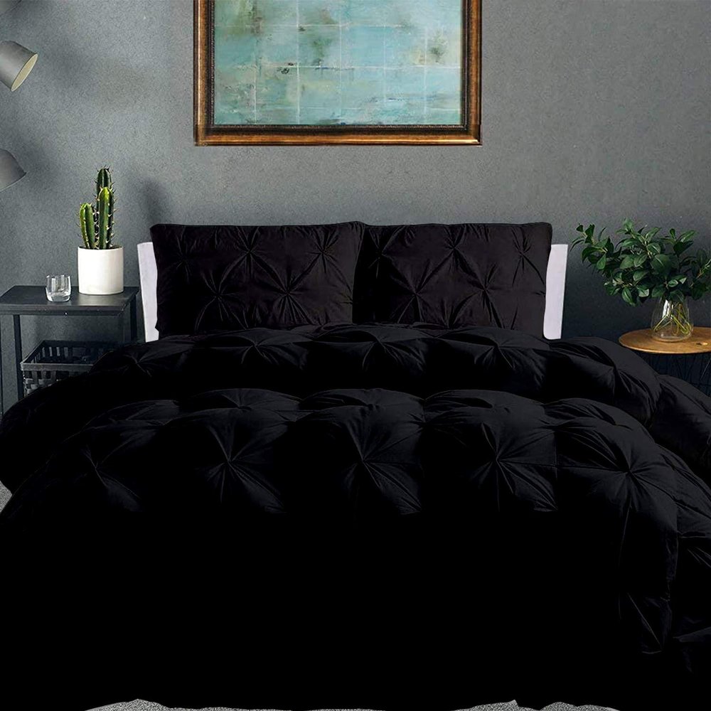 100% Organic Cotton Pinch Pleated Comforter with 2 Pillow,500 GSM Ultra-Soft Goose Down with 4 Corner Tabs Beautiful Pinch Pleat Baffle Box Design,Light Weight Comforter(Twin/TwinXL -Black)