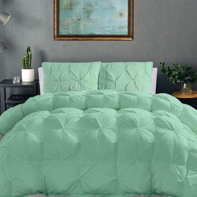 100% Organic Cotton Pinch Pleated Comforter with 2 Pillow,500 GSM Ultra-Soft Goose Down with 4 Corner Tabs Beautiful Pinch Pleat Baffle Box Design,Light Weight Comforter(Cal-King/King-Aqua Blue)