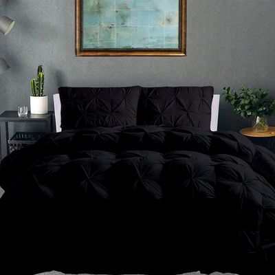 100% Organic Cotton Pinch Pleated Comforter with 2 Pillow,500 GSM Ultra-Soft Goose Down with 4 Corner Tabs Beautiful Pinch Pleat Baffle Box Design,Light Weight Comforter(Queen/Full-Black)