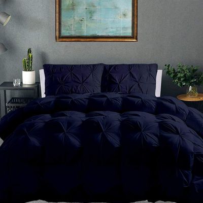 100% Organic Cotton Pinch Pleated Comforter with 2 Pillow,500 GSM Ultra-Soft Goose Down with 4 Corner Tabs Beautiful Pinch Pleat Baffle Box Design,Light Weight Comforter(Cal-King/King-Navy)