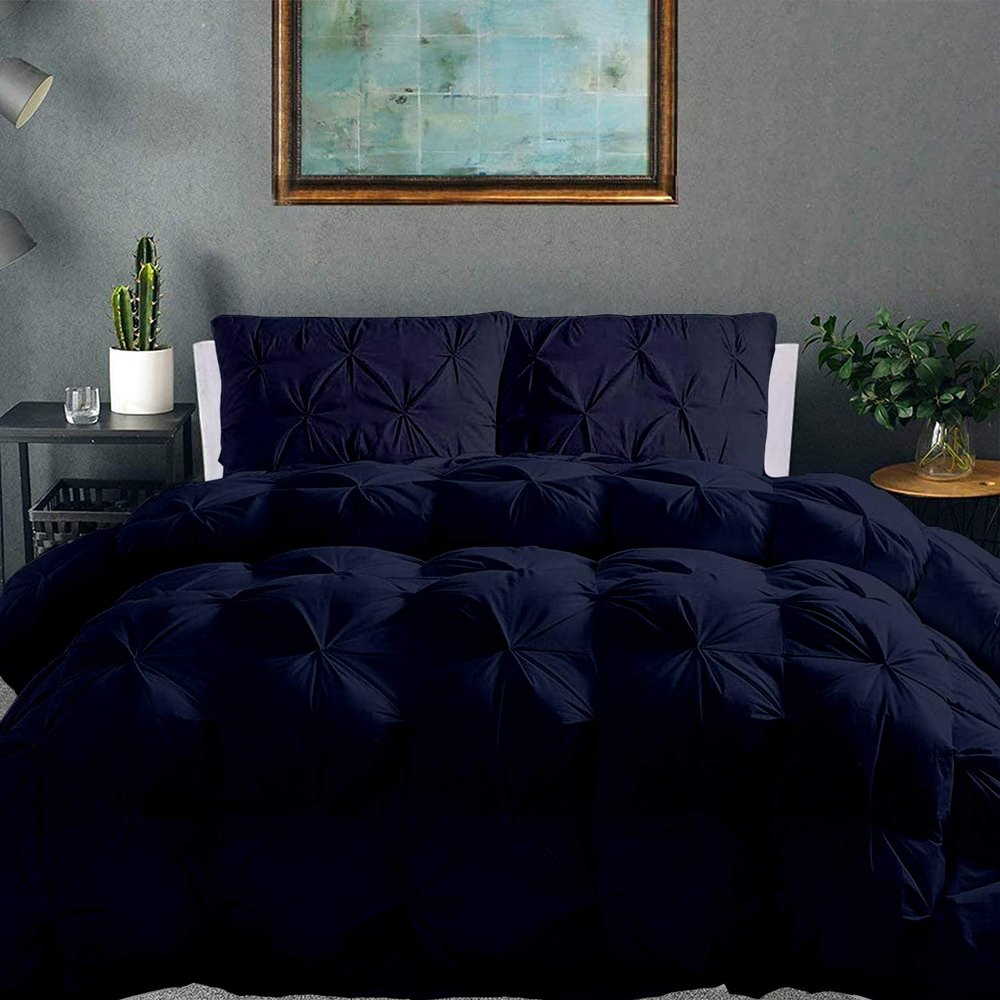 100% Organic Cotton Pinch Pleated Comforter with 2 Pillow,500 GSM Ultra-Soft Goose Down with 4 Corner Tabs Beautiful Pinch Pleat Baffle Box Design,Light Weight Comforter(Cal-King/King-Navy)