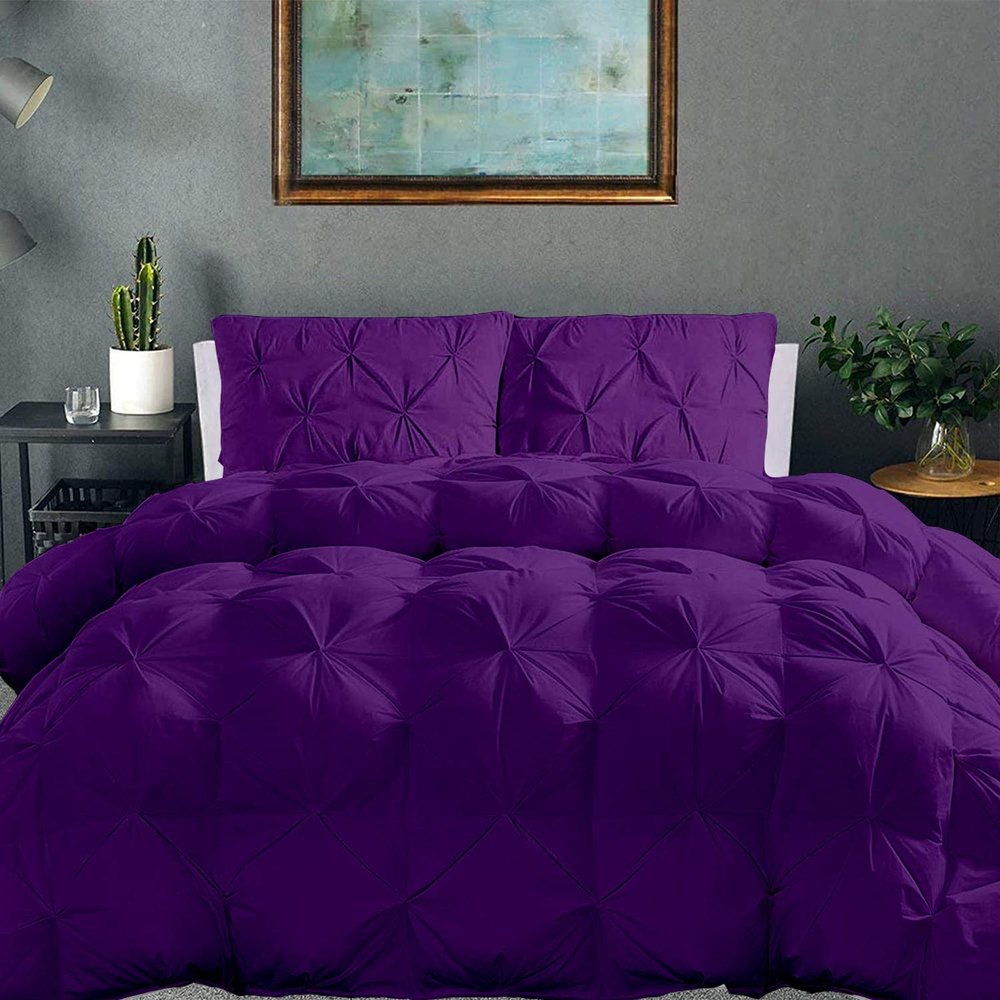 100% Organic Cotton Pinch Pleated Comforter with 2 Pillow,500 GSM Ultra-Soft Goose Down with 4 Corner Tabs Beautiful Pinch Pleat Baffle Box Design,Light Weight Comforter(Cal-King/King-Purple)