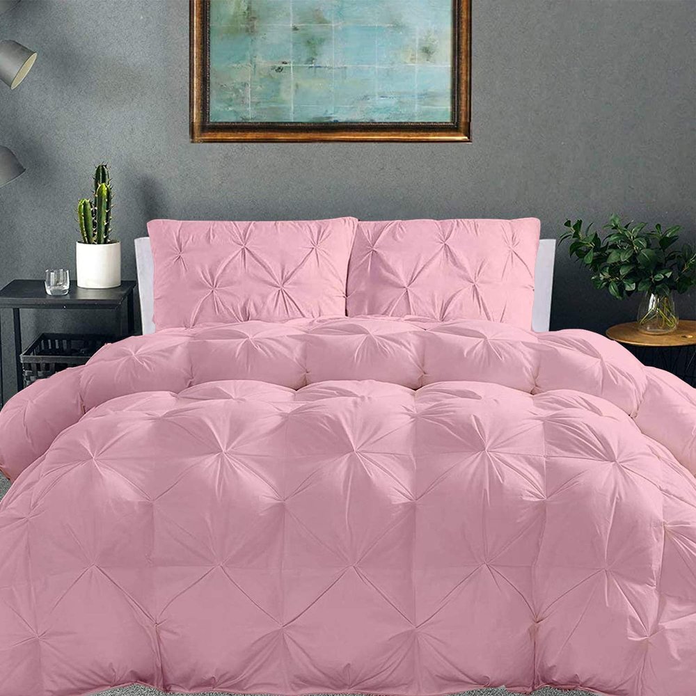 100% Organic Cotton Pinch Pleated Comforter with 2 Pillow,500 GSM Ultra-Soft Goose Down with 4 Corner Tabs Beautiful Pinch Pleat Baffle Box Design,Light Weight Comforter(Cal-King/King-Baby Pink)