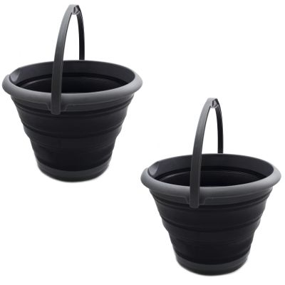 SAMMART Set of 2-10L (2.64Gallon) Collapsible Fishing Bucket - Foldable Round Tub - Portable Plastic Water Pail - Space Saving Outdoor Waterpot - Trunk Organizer (2, Grey/Black)