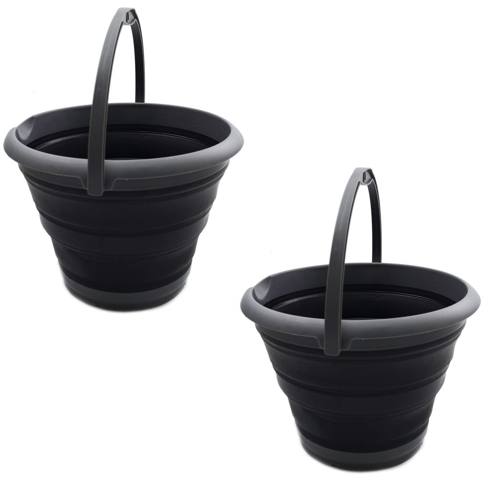 SAMMART Set of 2-10L (2.64Gallon) Collapsible Fishing Bucket - Foldable Round Tub - Portable Plastic Water Pail - Space Saving Outdoor Waterpot - Trunk Organizer (2, Grey/Black)