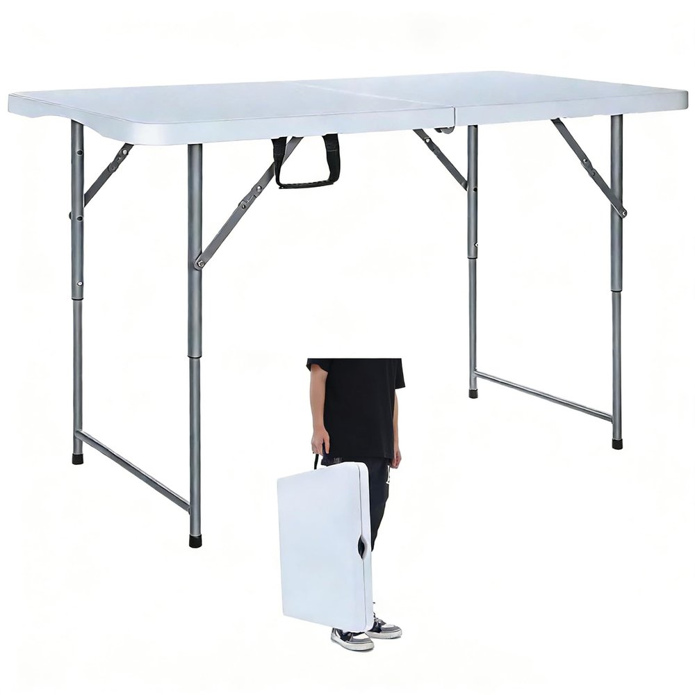 Lakhow Folding Table 4 Foot Heavy Duty Plastic Utility Table Portable Thick Table Top Indoor Outdoor Adjustable Height Folding Table,Sewing Table Camping Party Gathering White