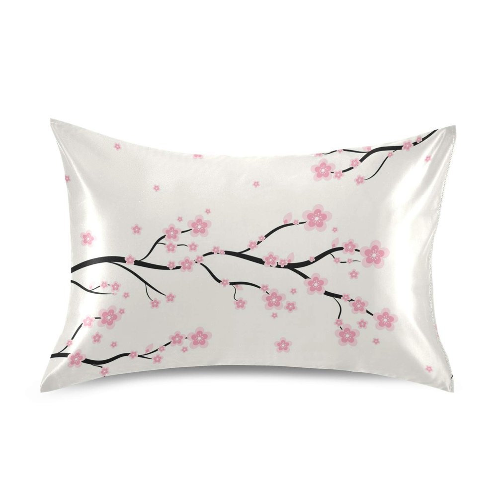 Blueangle Floral Sakura Pattern Satin Pillowcase for Hair and Skin Silk Pillowcase, Queen Size(20x30 inches) - Satin Pillow Covers with Envelope Closure