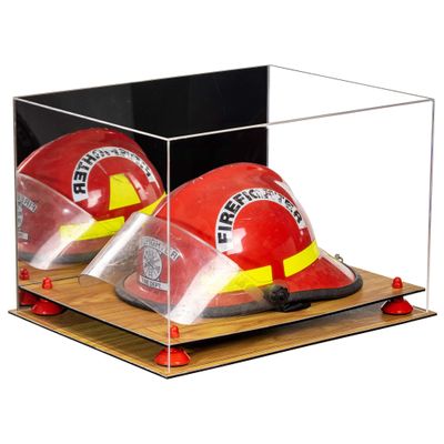 Better Display Cases Acrylic Fireman's Helmet Display Case - Large Rectangle Box with Mirror Case, Red Risers and Wood Base 18" x 14" x 12" (A014/V60)