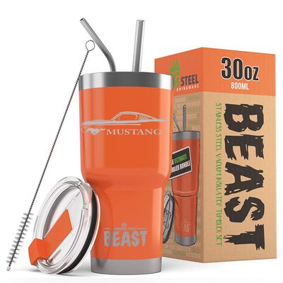 1965 1966 Ford Mustang Fastback Beast 30 oz Stainless Steel Insulated Tumbler w/Lid, 2 Straws, Brush and Gift Box orange