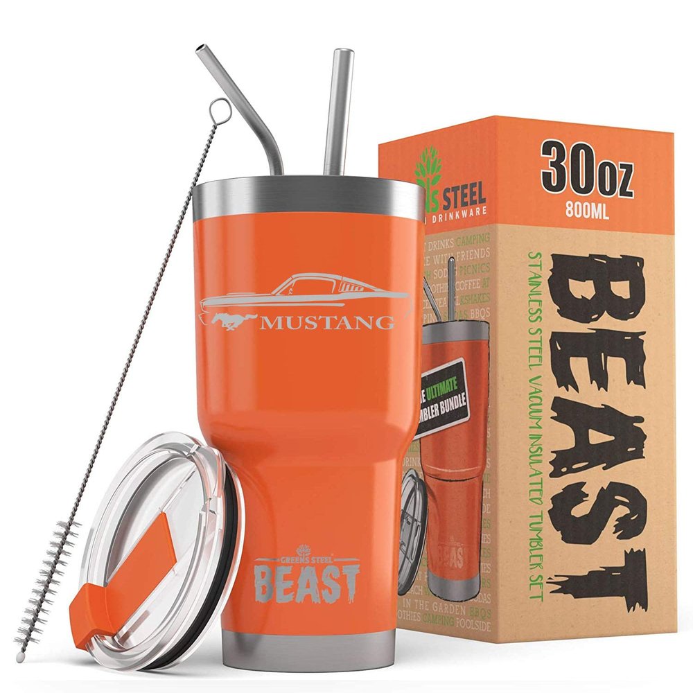 1965 1966 Ford Mustang Fastback Beast 30 oz Stainless Steel Insulated Tumbler w/Lid, 2 Straws, Brush and Gift Box orange