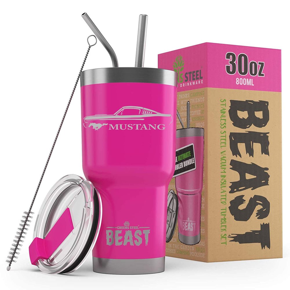 1965 1966 Ford Mustang Fastback Beast 30 oz Stainless Steel Insulated Tumbler w/Lid, 2 Straws, Brush and Gift Box hotpink