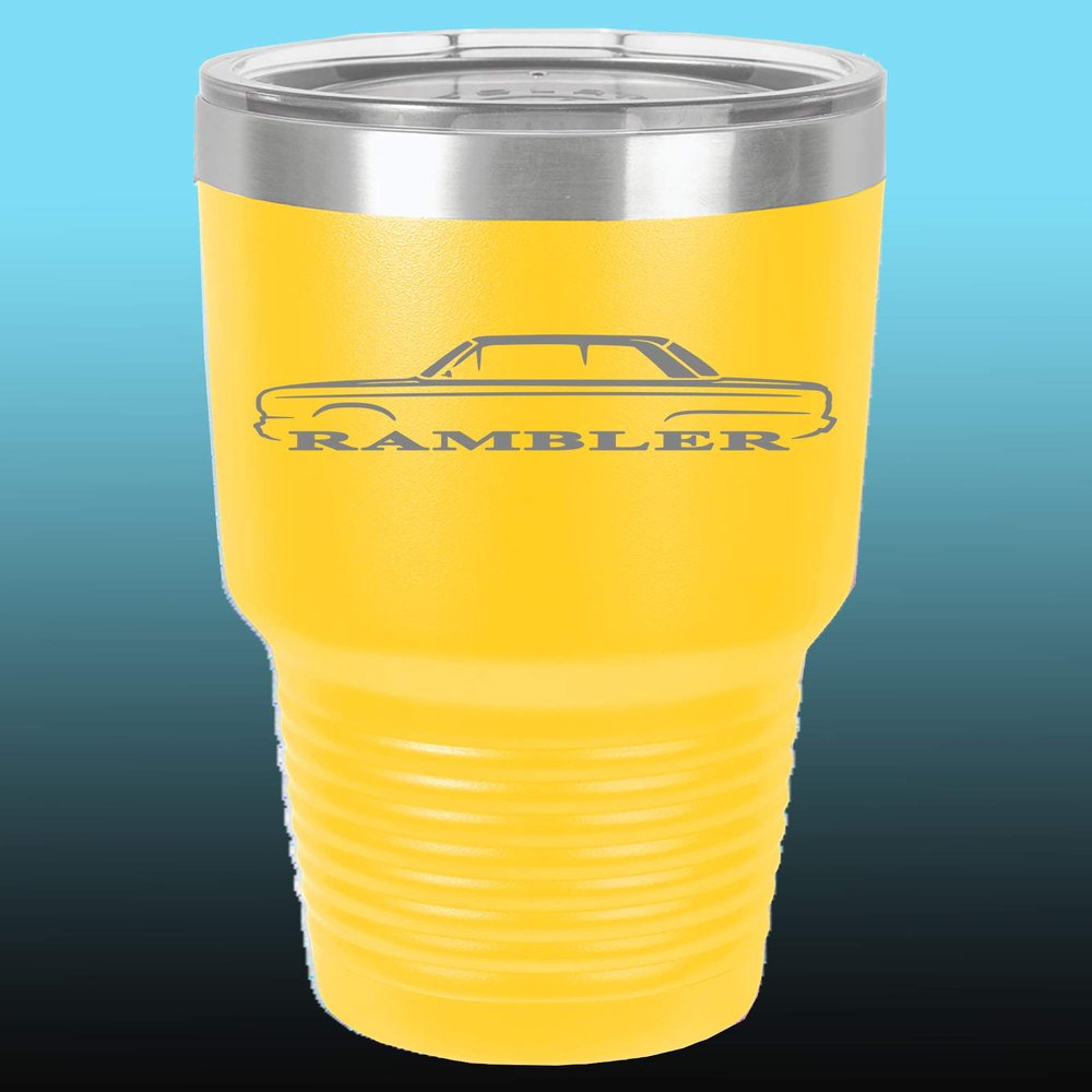 1965-69 AMC Rambler 30oz Stainless Steel Tumbler w/Clear Lid yellow