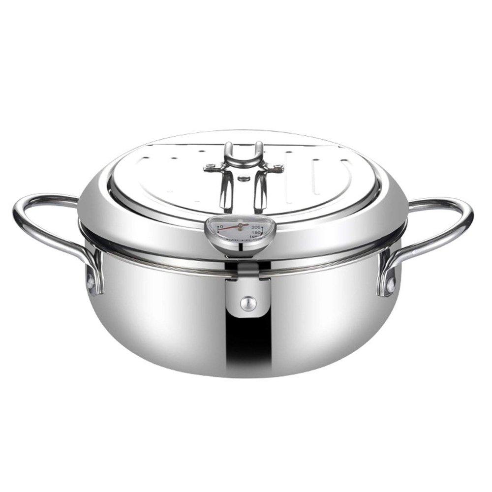AIZYR 304 Stainless Steel Tempura Deep Fryer Pot - Japanese Covered Deep Fryer with Thermometer and Oil Drip Rack Lid for Kitchen Cooking,24cm