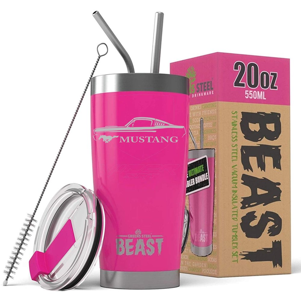 1965 1966 Ford Mustang Fastback Beast 20 oz Stainless Steel Insulated Tumbler w/Lid, 2 Straws, Brush and Gift Box hotpink