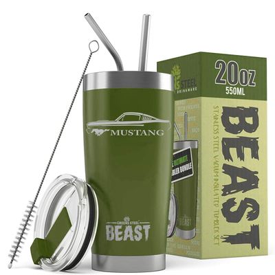 1965 1966 Ford Mustang Fastback Beast 20 oz Stainless Steel Insulated Tumbler w/Lid, 2 Straws, Brush and Gift Box army