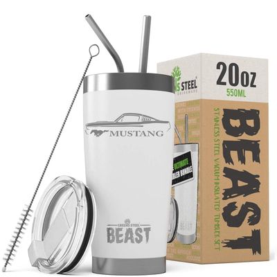 1965 1966 Ford Mustang Fastback Beast 20 oz Stainless Steel Insulated Tumbler w/Lid, 2 Straws, Brush and Gift Box white