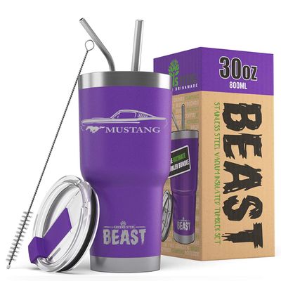1965 1966 Ford Mustang Fastback Beast 30 oz Stainless Steel Insulated Tumbler w/Lid, 2 Straws, Brush and Gift Box purple