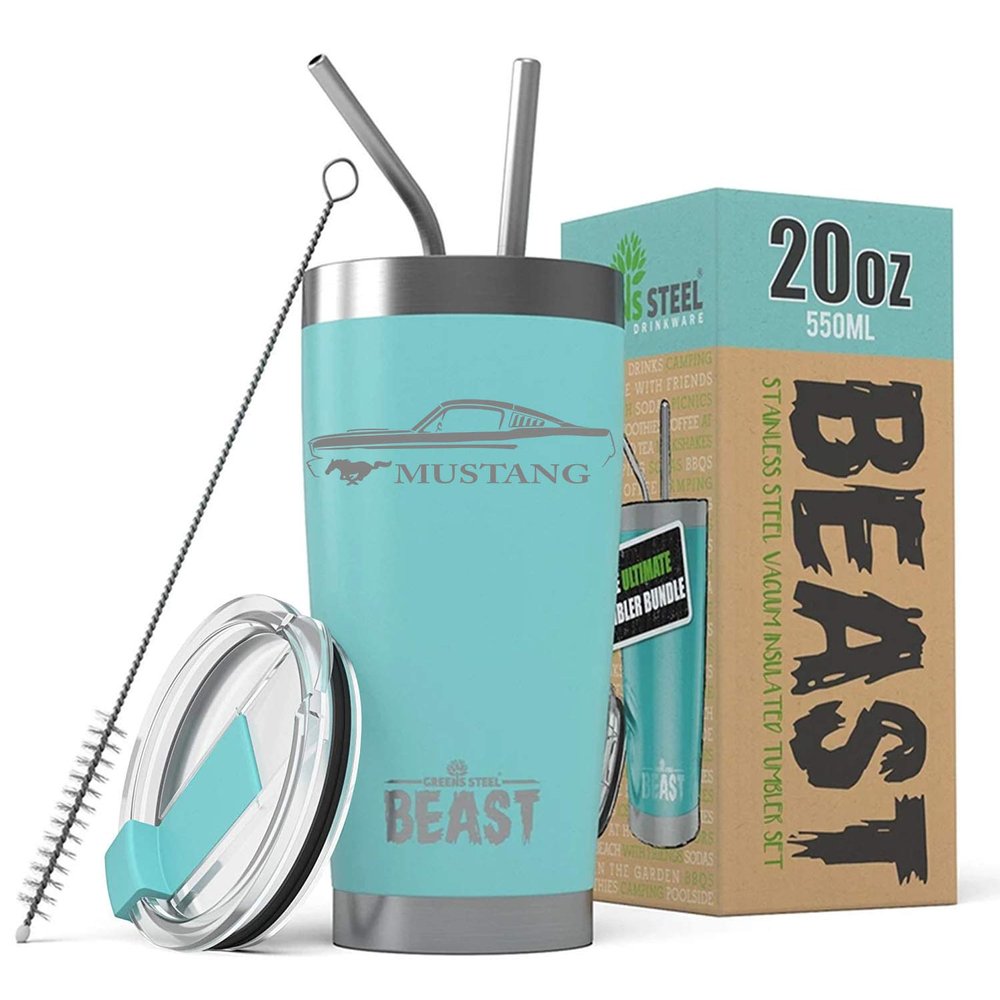 1965 1966 Ford Mustang Fastback Beast 20 oz Stainless Steel Insulated Tumbler w/Lid, 2 Straws, Brush and Gift Box aqua
