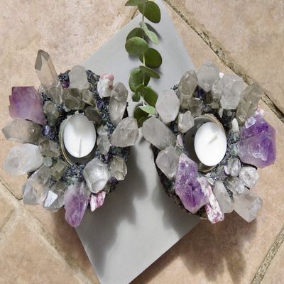 Pair of Crystal Candle Holders with Amethyst, Red Tourmaline, Quartz, Rainbow Black Tourmaline