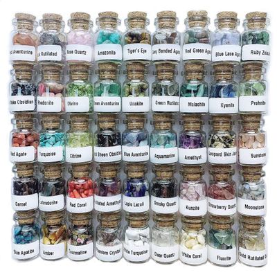 A Set of 45 Different Crystal Gemstones in Glass Bottles, Chakra Healing Crystals, Witchcraft Crystals, Metaphysic Tumbled Crystal Chip Chakra Stones Set