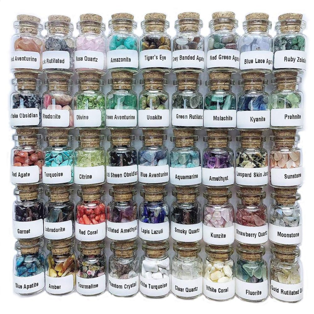 A Set of 45 Different Crystal Gemstones in Glass Bottles, Chakra Healing Crystals, Witchcraft Crystals, Metaphysic Tumbled Crystal Chip Chakra Stones Set