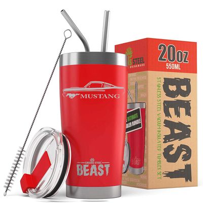 1965 1966 Ford Mustang Fastback Beast 20 oz Stainless Steel Insulated Tumbler w/Lid, 2 Straws, Brush and Gift Box red