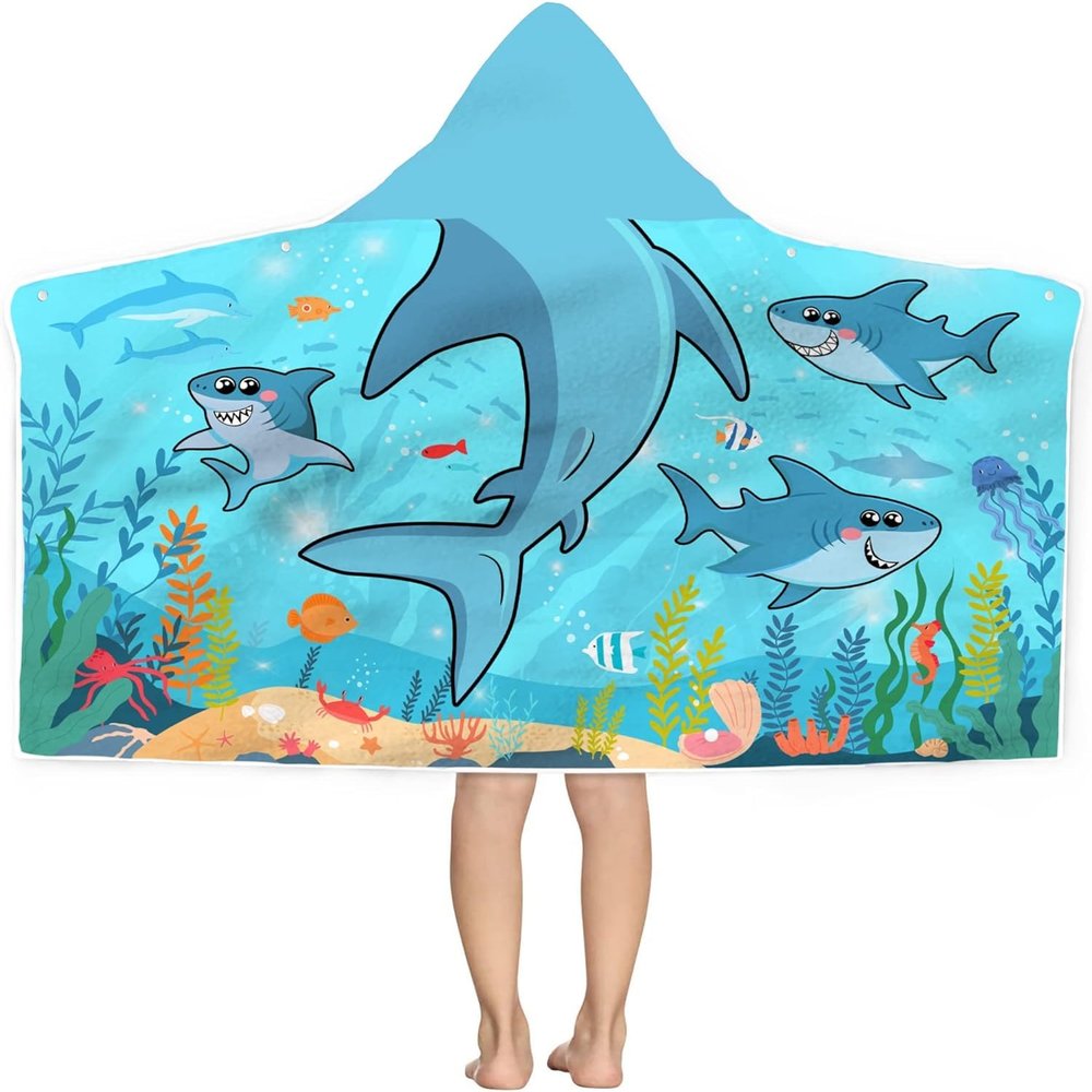Bonsai Tree Shark Hooded Beach Towel for Kids, Cool Ocean Fishes Bath Towel with Hood for Boys, Funny Sea Animals Microfiber Super Absorbent Soft Poncho Bathrobe for Swin Pool 30x50