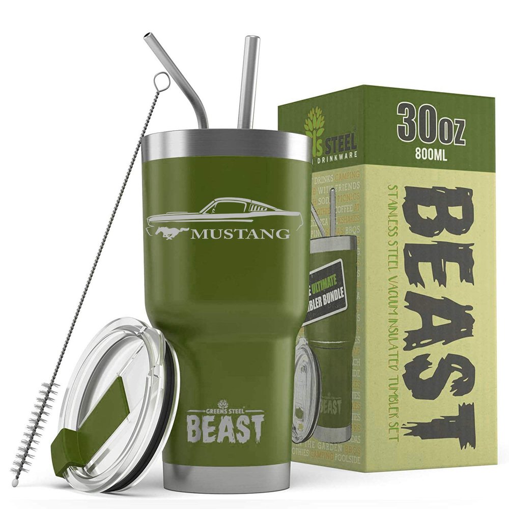 1965 1966 Ford Mustang Fastback Beast 30 oz Stainless Steel Insulated Tumbler w/Lid, 2 Straws, Brush and Gift Box army