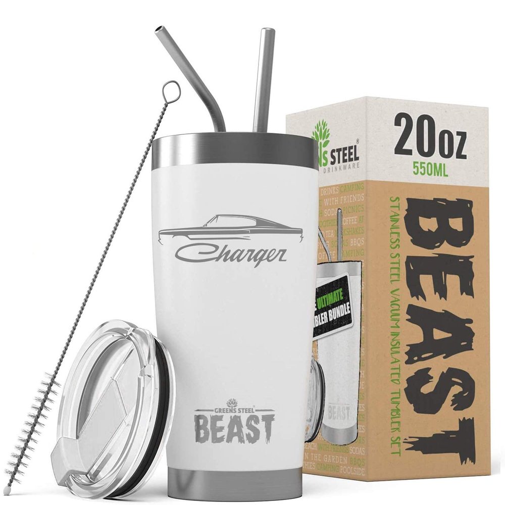 1966 1967 Charger Beast 20 oz Stainless Steel Insulated Tumbler w/Lid, 2 Straws, Brush and Gift Box white