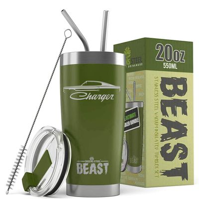 1966 1967 Charger Beast 20 oz Stainless Steel Insulated Tumbler w/Lid, 2 Straws, Brush and Gift Box army