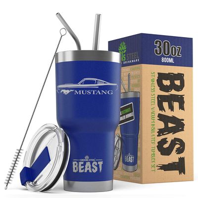 1965 1966 Ford Mustang Fastback Beast 30 oz Stainless Steel Insulated Tumbler w/Lid, 2 Straws, Brush and Gift Box royal