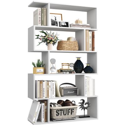 Yusong Bookshelf 5-Tier, Geometric Bookcase S Shaped Book Shelves for Bedroom, Modern Wood Decorative Display Shelf Book Case for Home Office, White