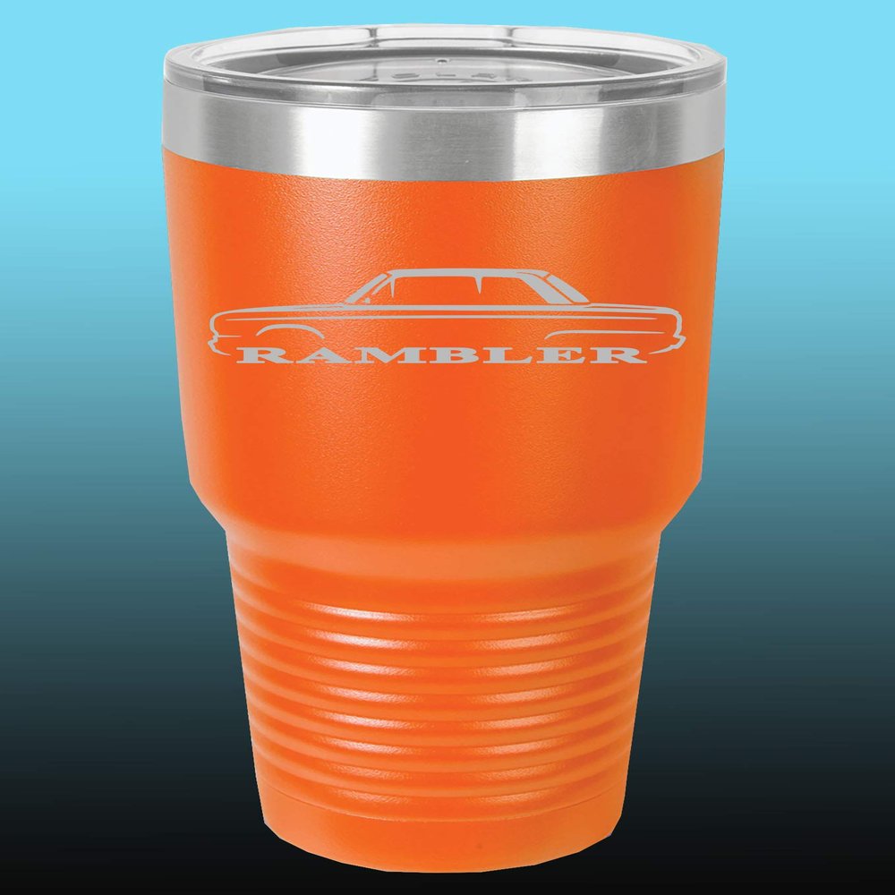 1965-69 AMC Rambler 30oz Stainless Steel Tumbler w/Clear Lid orange