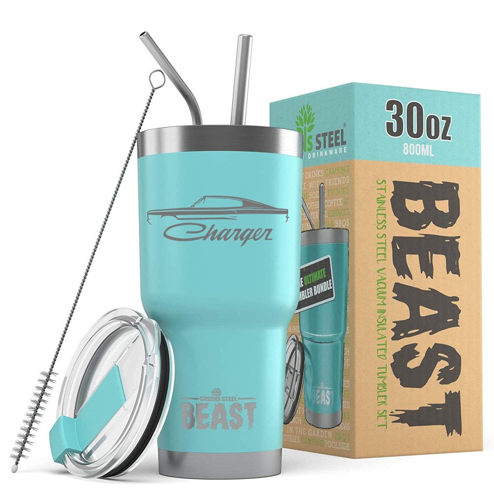 1966 1967 Charger Beast 30 oz Stainless Steel Insulated Tumbler w/Lid, 2 Straws, Brush and Gift Box aqua
