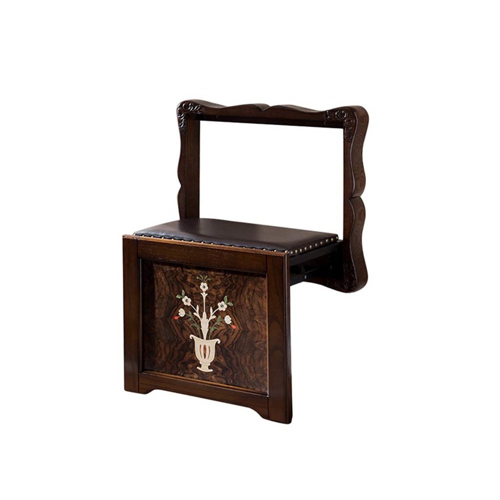Solid Wood Shoe Changing Stool Folding Wall-Mounted Stool Leather Cushion Hand-Patterned Design Strong Load-Bearing Capacity Grooved Handle Wear-Resistant