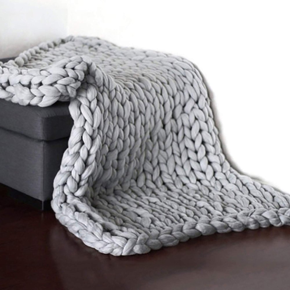 Knitted Blanket Throw Chunky Grey, Chunky Knit Throw Blankets for Bed by Soft Knitting Stylish & Cosy Throw for Bed Sofa Home Decor Super Large Mat Rug- 32x40inch