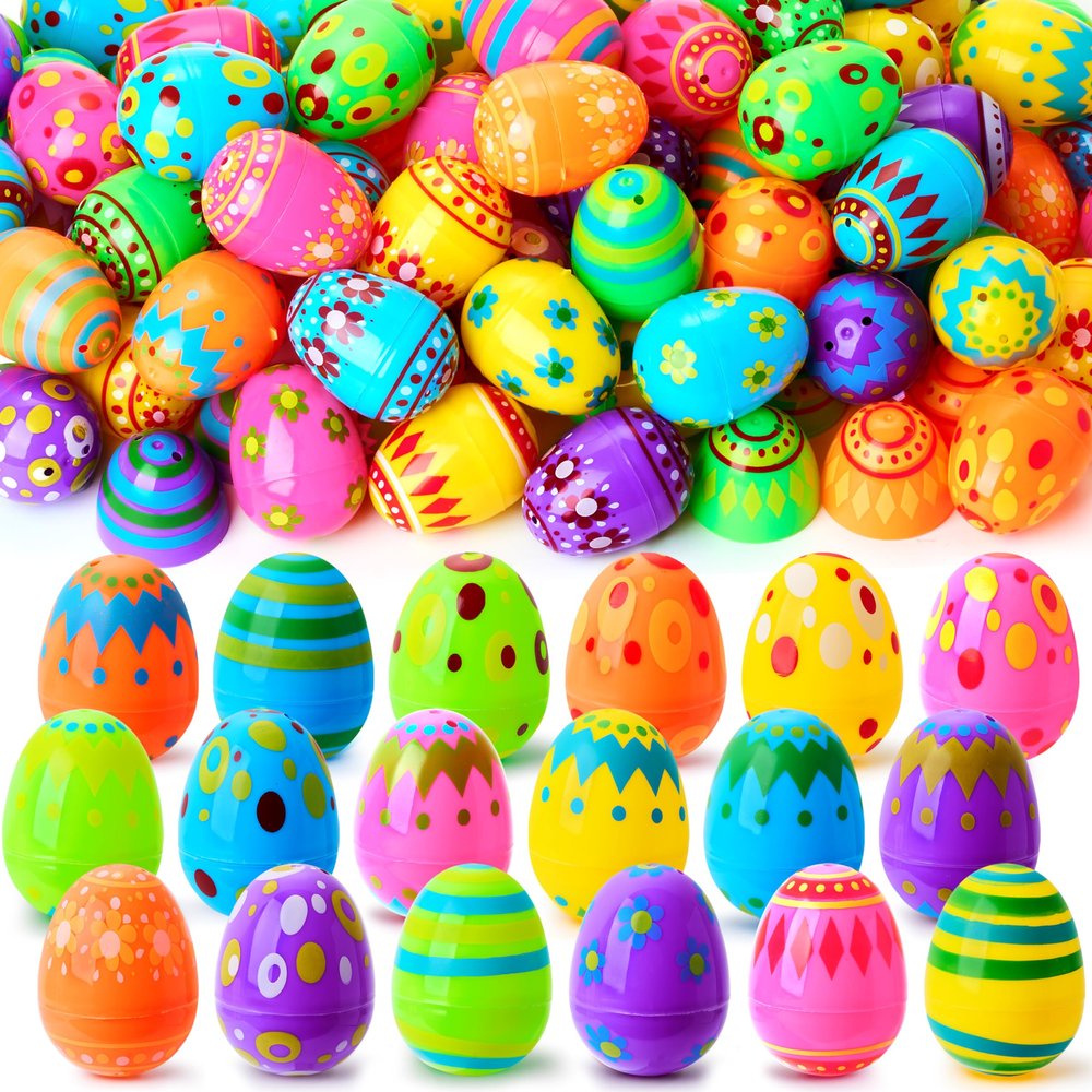 JOYIN 200 Pcs Plastic Printed Bright Easter Eggs 2.3" Tall for Easter Hunt, Basket Stuffers Fillers, Classroom Prize Supplies, Filling Treats and Party Favor