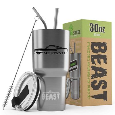 1965 1966 Ford Mustang Fastback Beast 30 oz Stainless Steel Insulated Tumbler w/Lid, 2 Straws, Brush and Gift Box stainless