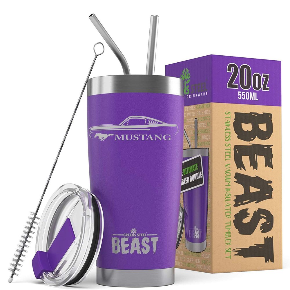 1965 1966 Ford Mustang Fastback Beast 20 oz Stainless Steel Insulated Tumbler w/Lid, 2 Straws, Brush and Gift Box purple