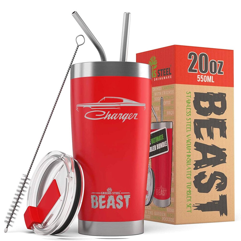 1966 1967 Charger Beast 20 oz Stainless Steel Insulated Tumbler w/Lid, 2 Straws, Brush and Gift Box red