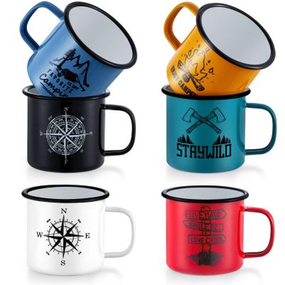 TeamFar Coffee Mug, 16 OZ Multi Colors Enamel Tea Mug Set of 6, Camp Drinking Cups with Patterns for Milk Tea, Non-Toxic & Portable, Lightweight & Sturdy, Wide Handle & Smooth Rim, Easy Clean
